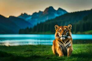 a tiger is sitting in the grass near a lake. AI-Generated photo