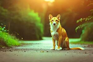 a dog sitting on the road in the sun. AI-Generated photo