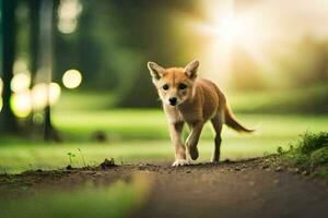 un pequeño perro caminando en un suciedad la carretera. generado por ai foto