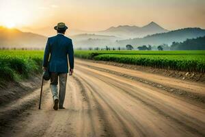 un hombre en un traje camina abajo un suciedad la carretera. generado por ai foto