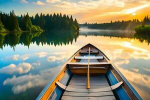 un barco es flotante en un lago a puesta de sol. generado por ai foto