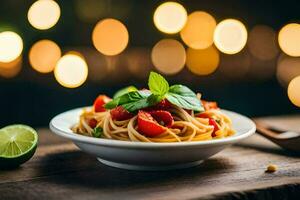 a plate of pasta with tomatoes and basil on a wooden table. AI-Generated photo