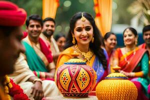 un mujer en tradicional indio atuendo se sienta siguiente a un maceta. generado por ai foto