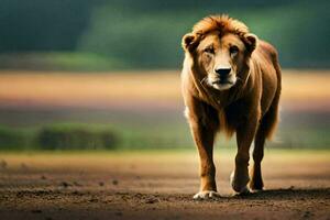 un león caminando a través de un suciedad campo. generado por ai foto