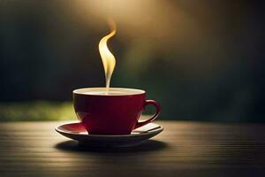 a red cup of coffee on a table with a flame. AI-Generated photo