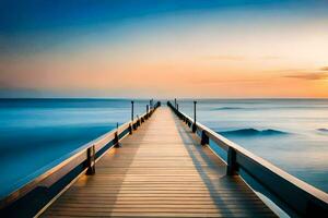 un largo muelle extensión dentro el Oceano a puesta de sol. generado por ai foto