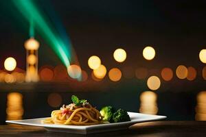 a plate of pasta and broccoli on a table in front of a cityscape. AI-Generated photo