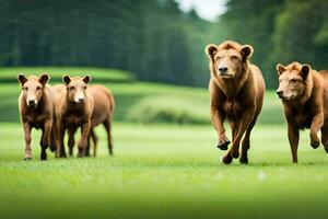 un grupo de marrón vacas corriendo a través de un verde campo. generado por ai foto