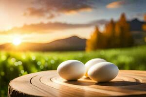 three eggs on a wooden table in front of a sunset. AI-Generated photo