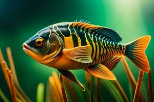 a fish with black and yellow stripes is swimming in the water. AI-Generated photo