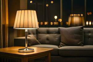 a table lamp is sitting on a table in front of a couch. AI-Generated photo