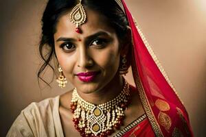 a beautiful indian woman wearing a red sari and jewelry. AI-Generated photo