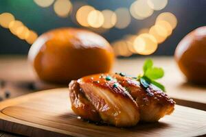 chicken on a wooden cutting board with orange lights in the background. AI-Generated photo