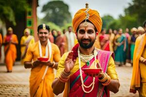 un hombre en un tradicional indio atuendo es participación un vela. generado por ai foto