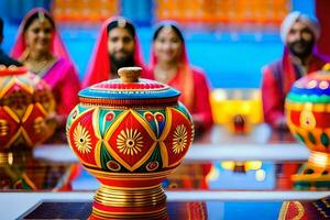 a group of people in colorful saris standing around a colorful pot. AI-Generated photo