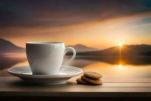 café taza y galletas en el mesa. generado por ai foto