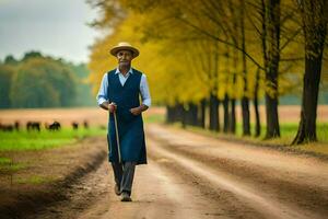 a man in a blue vest and hat walking down a dirt road. AI-Generated photo