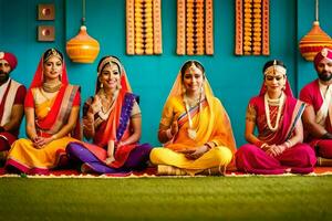 indian women in colorful saris sitting on the ground. AI-Generated photo