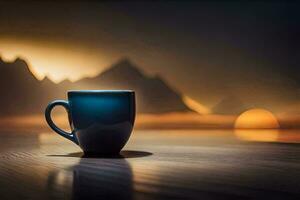 un azul café taza se sienta en un mesa en frente de un montaña. generado por ai foto