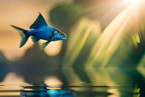 a blue fish is flying over water with a sun in the background. AI-Generated photo