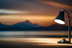 a lamp on the beach with mountains in the background. AI-Generated photo