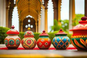 colorful pots lined up in front of a temple. AI-Generated photo