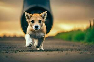 a puppy running through a road with a large pipe in the background. AI-Generated photo