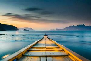 a long exposure photo of a dock stretching out into the ocean. AI-Generated