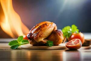 a chicken on a wooden board with tomatoes and herbs. AI-Generated photo