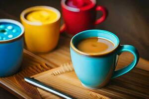 colorful cups of coffee on a tray. AI-Generated photo