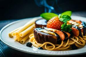 a plate with spaghetti and meat on it. AI-Generated photo