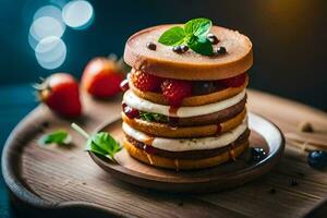 a stack of pancakes with strawberries and mint. AI-Generated photo