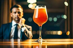 un hombre en un traje sentado a un mesa con un vaso de cerveza. generado por ai foto