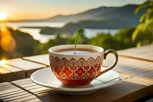 a cup of tea on a wooden table with a view of the sunset. AI-Generated photo