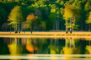 trees are reflected in the water of a lake. AI-Generated photo