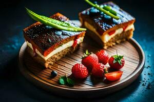 two pieces of cake with berries and cream on a wooden plate. AI-Generated photo