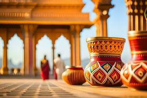 a group of colorful vases sitting on a stone floor. AI-Generated photo