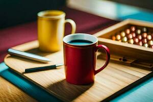 a coffee cup and a knife on a table. AI-Generated photo