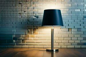 a lamp is on a table in front of a brick wall. AI-Generated photo