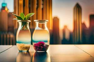 two vases with flowers and water on a table in front of a city skyline. AI-Generated photo