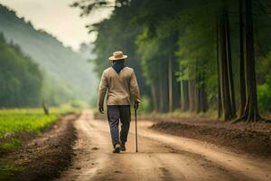 un hombre caminando abajo un suciedad la carretera en el medio de un bosque. generado por ai foto