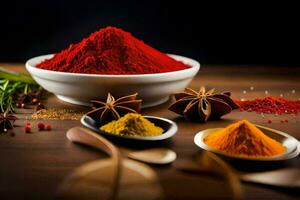 spices and spices on a wooden table. AI-Generated photo