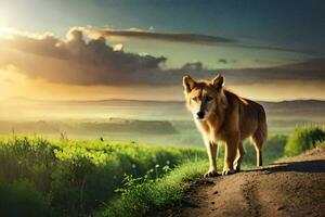 a dog walking on a dirt road in the sunset. AI-Generated photo