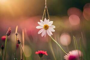 a daisy hanging from a string in a field. AI-Generated photo