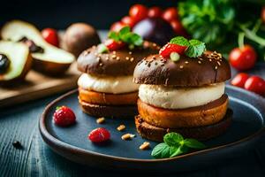 two chocolate ice cream sandwiches on a plate with fruit. AI-Generated photo