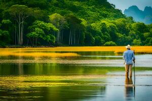 un hombre con un sombrero y caña caminando a través de un río. generado por ai foto