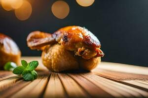 chicken wings on a wooden table with a green leaf. AI-Generated photo