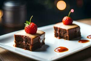 two pieces of chocolate cake with strawberries on top. AI-Generated photo