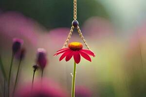 a red flower hanging from a chain in a field. AI-Generated photo