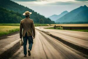 a man in a suit and hat walks down a dirt road. AI-Generated photo